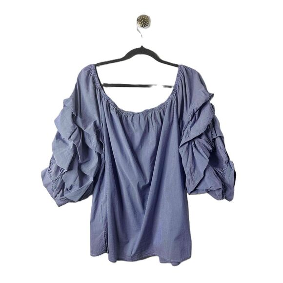 City Chic Blouse Womens Size XL Off The Shoulder Blue Striped Puffy Sleeves - Picture 2 of 8